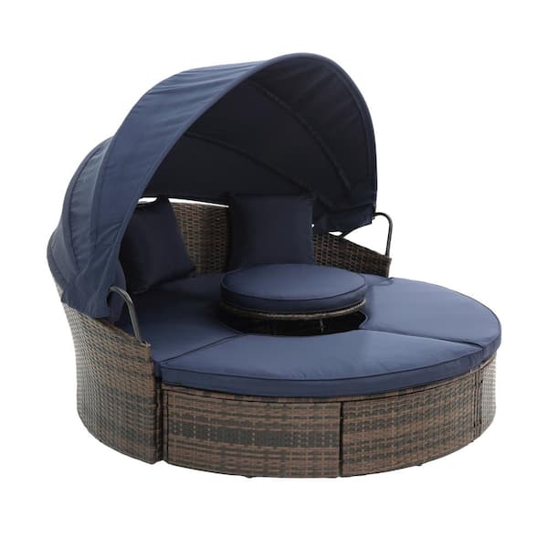 HOMEFUN Brown Rattan Wicker Outdoor Sectional Daybed Sunbed with Retractable Canopy and Navy Blue Cushions