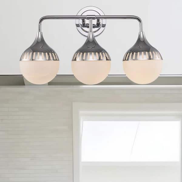 3-Light Chrome Bathroom Vanity Light Fixture with Opal Glass Shades