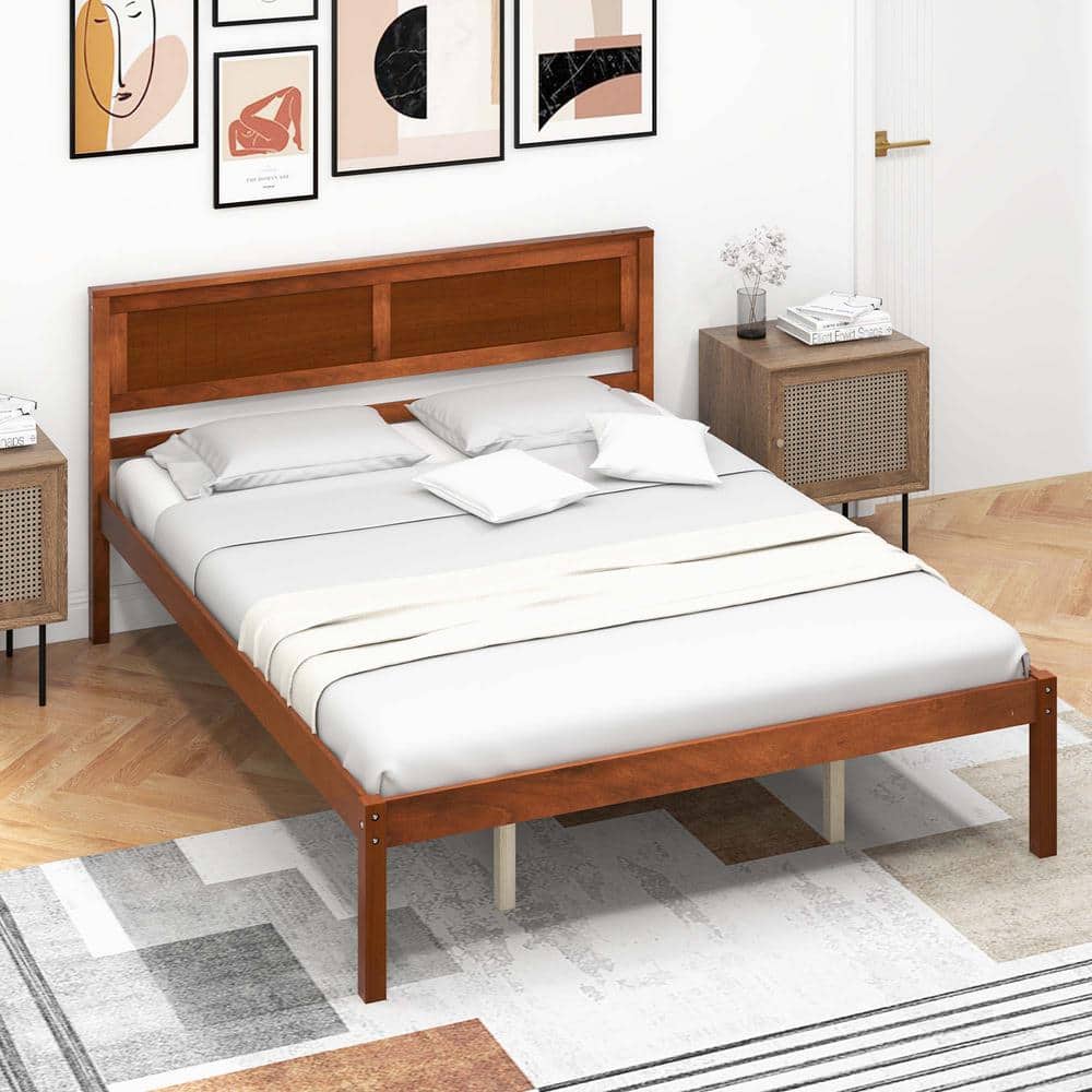 Brown Walnut Wood Frame Queen Size Platform Bed Frame with Headboard Mattress Foundation - thumbnail 4