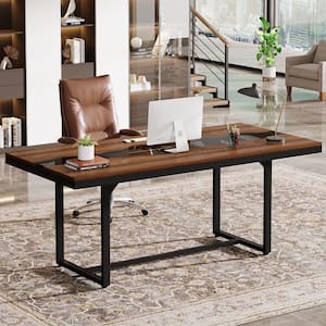 Moronia 63 in. Rectangle Brown Wood Executive Desk with Wavy Glass Desktop Industrial Study Writing Table with Metal Leg