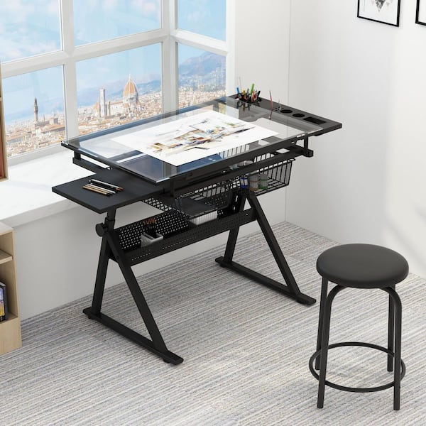 Zylen 40.15 in. Rectangle Black Wood and Metal Drafting Table Writing Desk with Stool and Storage Space