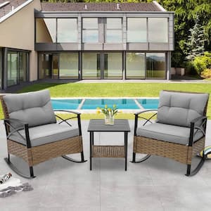 Modern Classic Patio 3-Piece PE Wicker Outdoor Rocking Chair Set with Coffee Table and Gray Cushions