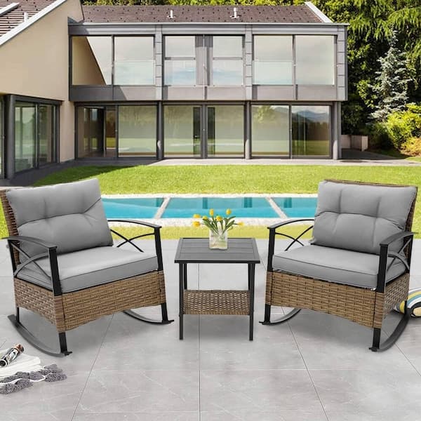 BTMWAY Modern Classic Patio 3-Piece PE Wicker Outdoor Rocking Chair Set with Coffee Table and Gray Cushions