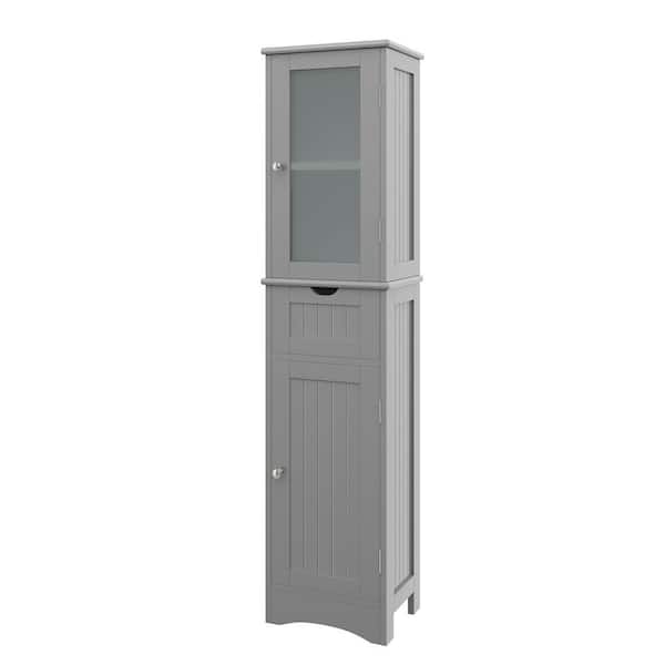 Costway 15.5 in. W x 12 in. D x 67 in. H Gray Bathroom Tall Freestanding Linen Cabinet Tower with Doors & Drawer
