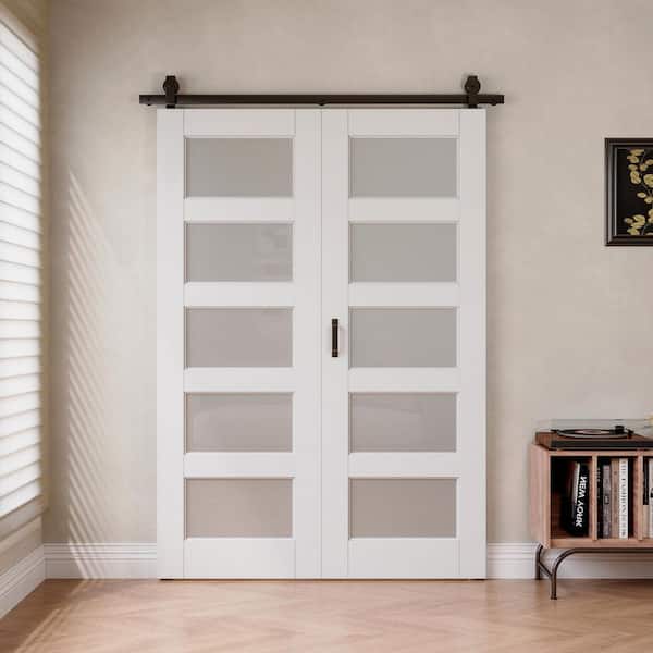 56 in. x 96 in. 5 Lite Tempered Frosted Glass White Primed MDF Bifold Sliding Barn Door with Black Finish Hardware Kit