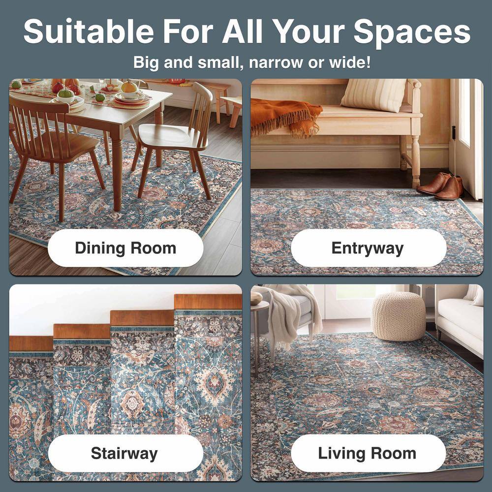 Teal Vintage Oriental Flat-Weave Washable Area Rug