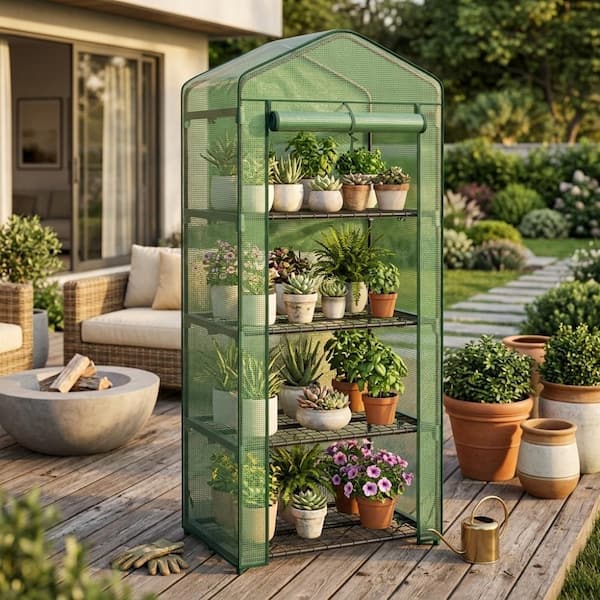 4-Tier Mini Greenhouse PE Cover Roll-Up Zipper Door Indoor Outdoor