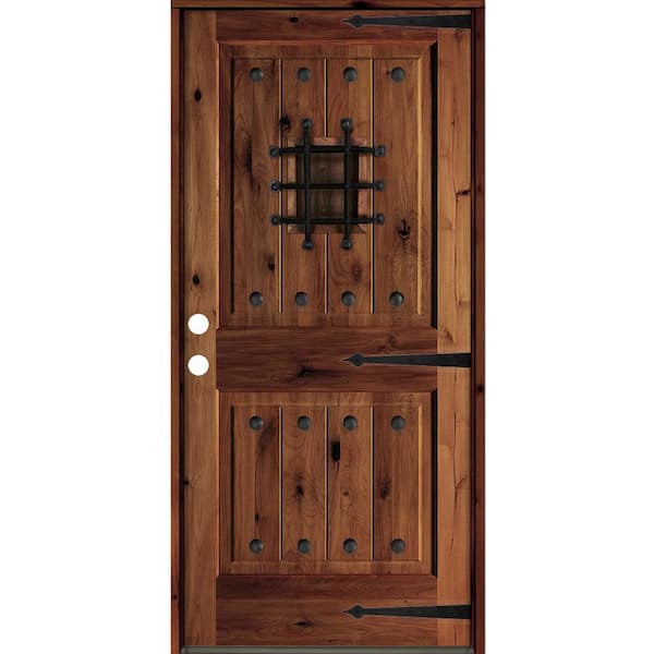 Krosswood Doors 36 in. x 80 in. Mediterranean Knotty Alder Sq. Top Red Chestnut Stain Right-Hand Inswing Wood Single Prehung Front Door