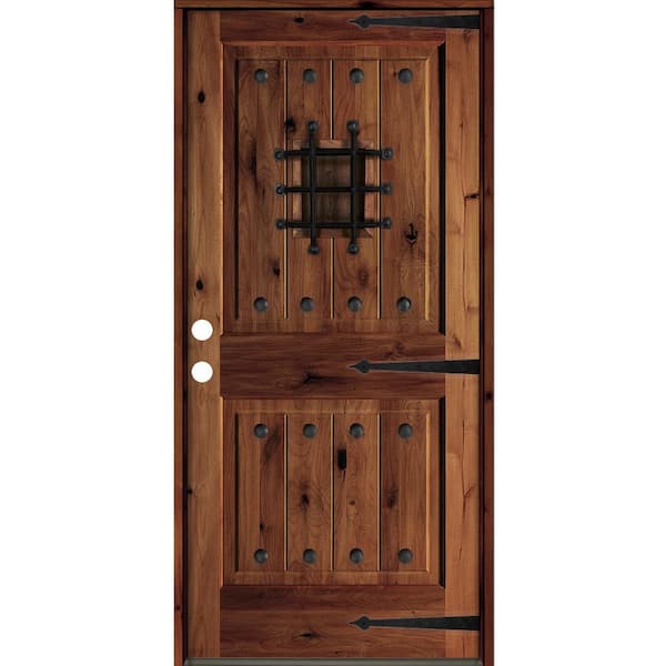 36 in. x 80 in. Mediterranean Knotty Alder Sq. Top Red Chestnut Stain Right-Hand Inswing Wood Single Prehung Front Door