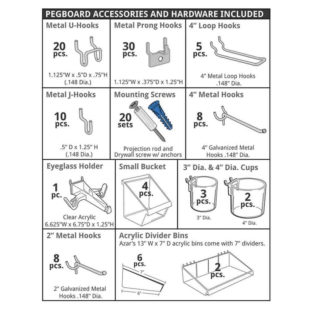 White High Impact Styrene Pegboard Organizer Kit with Hooks and Bins