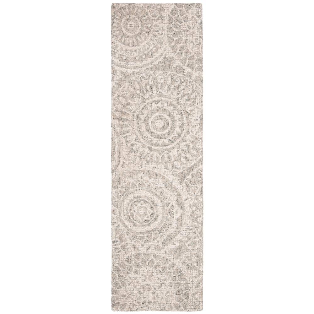 Ivory and Grey Handmade Wool Abstract Tufted Runner Rug