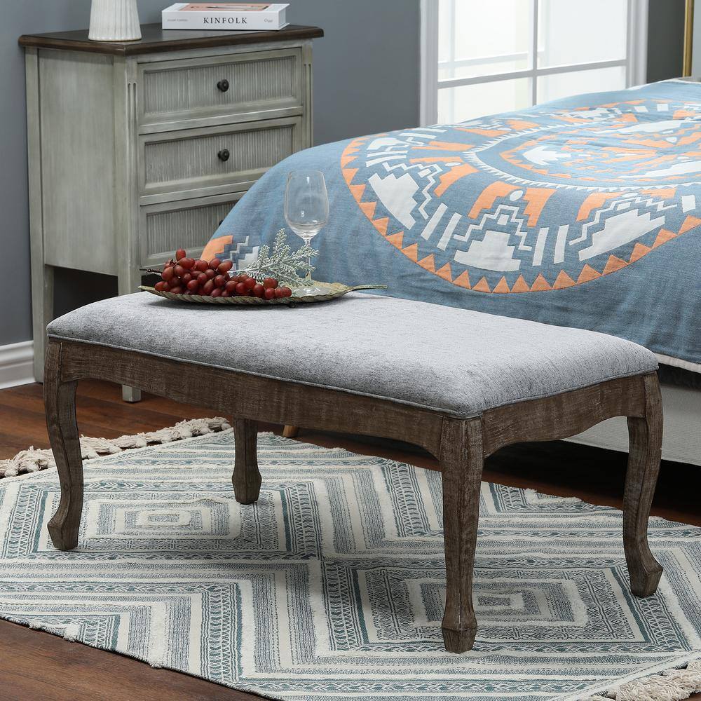Gray Linen Upholstered Bench with Fir Wood Cabriole Legs
