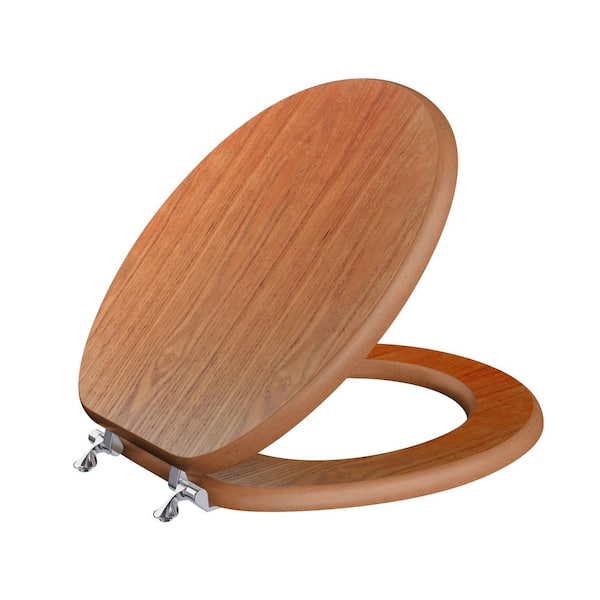 Oak Designer Wood Round Toilet Seat, Closed Front with Cover, Chrome Hinges