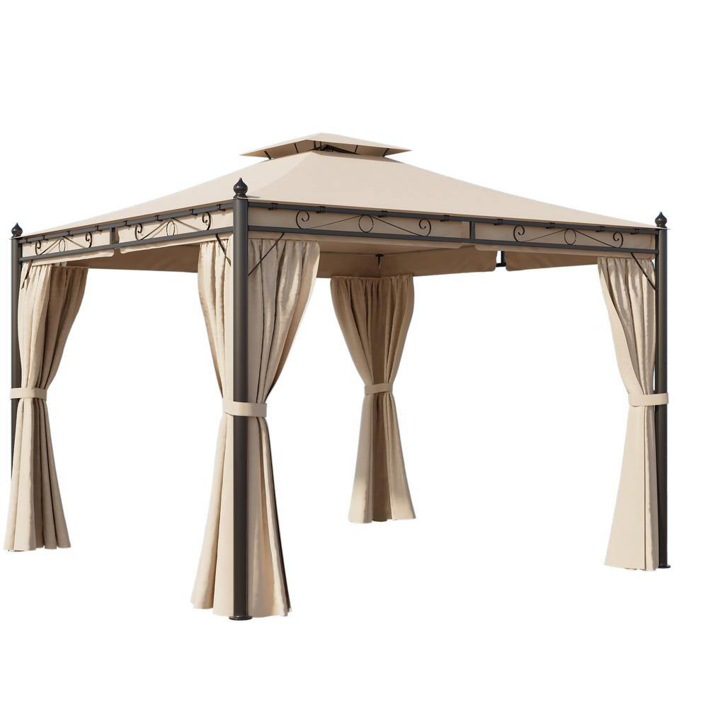 9.7 ft. x 9.7 ft. Beige Outdoor Patio Gazebo with Privacy Polyester Curtain