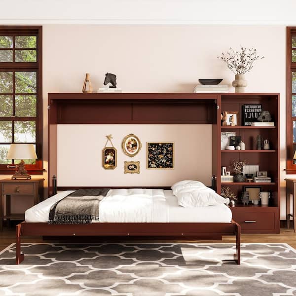 Walnut Brown Wood Frame Queen Murphy Bed Wall Bed with Left-Side or Right-Side Storage Bookcase and Adjustable Shelf