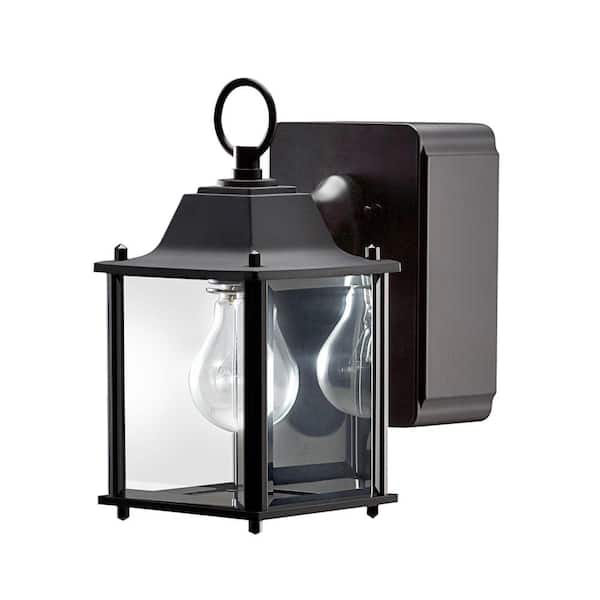 Hampton Bay Mission Style 1-Light Outdoor Black Wall Lantern with Built-in GFCI