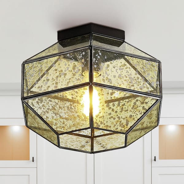 JONATHAN Y Evelyn 12.5 in. Oil Rubbed Bronze 1-Light Vintage Farmhouse Iron/Glass LED Flush Mount