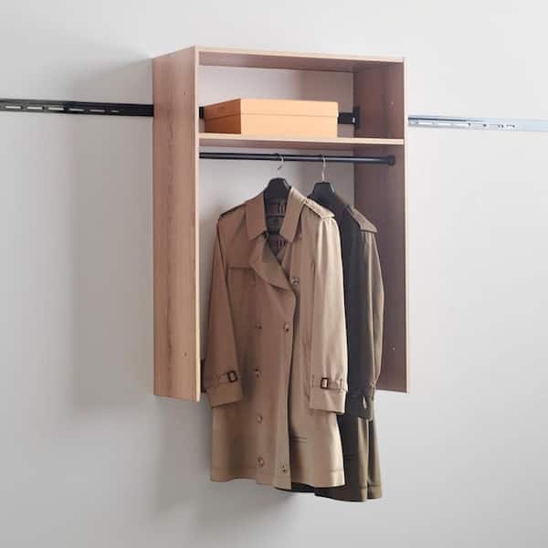 Vedz 31.5 in. W Oak Brown and Black Starter Kit Walk in 1-Shelf Wall Mount Wood Closet System with Hanging Rod