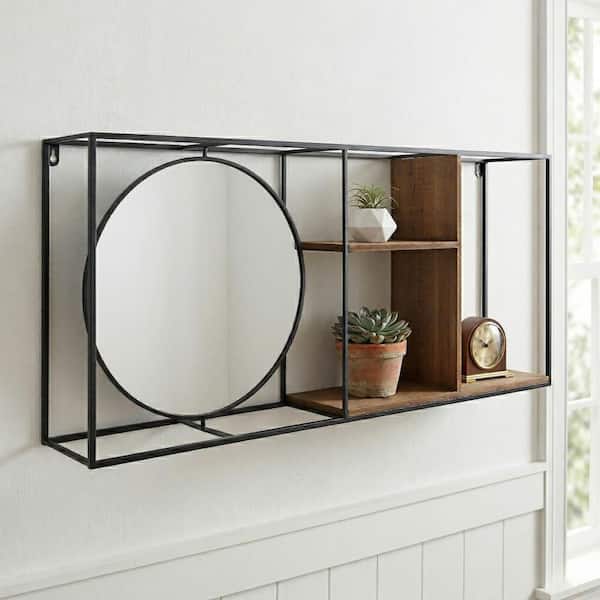 34 in. W x 6 in. D Brown Metal Wood Decorative Accent Wall Shelf with Mirror