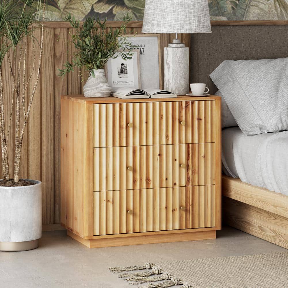 Natural Pine 3-Drawer Farmhouse Dresser with Vertical Wave Design