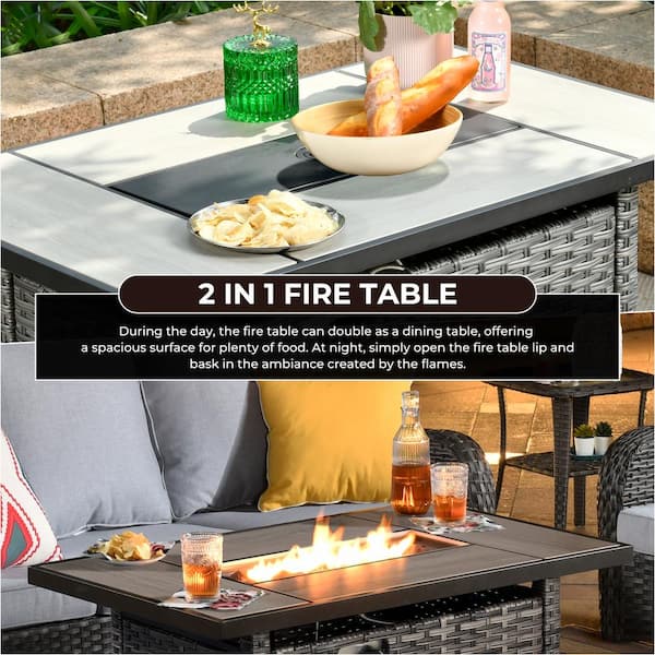 OVIOS Joyoung Gray 9-Piece Wicker Patio Rectangle Fire Pit
