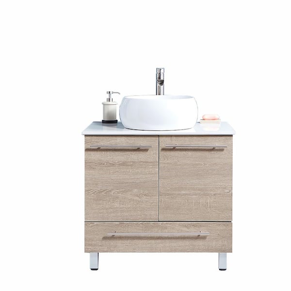 VC CUCINE 30 in. W x 20.5 in D. x 33 in. H Bathroom Vessel Sink Vanity in Gray Wood Grain with White Slate Top with Single Basin