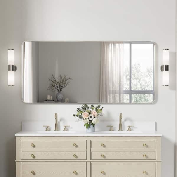ANGELES HOME 60 in. W x 28 in. H Rectangular Aluminum Framed Wall Bathroom Vanity Mirror in Brushed Nickel