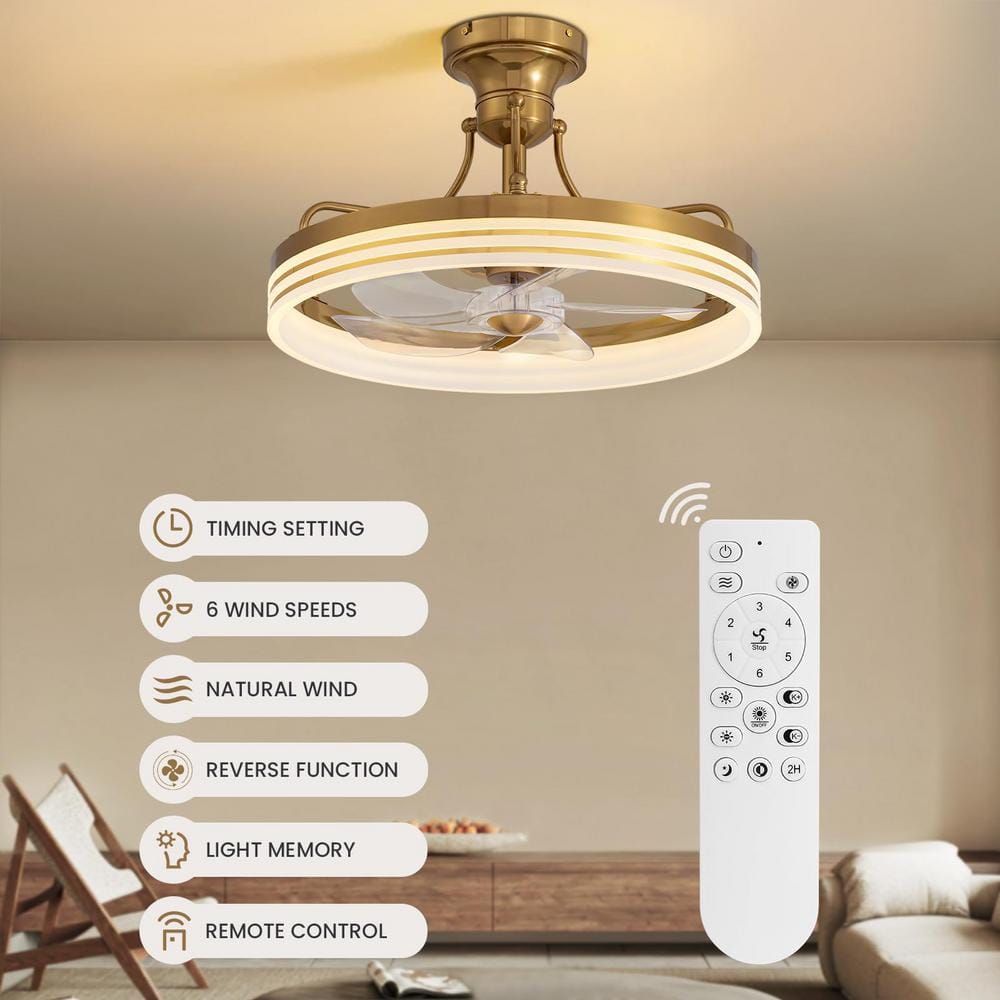 Gold Low Profile Flush Mount Ceiling Fan with LED Light and Remote