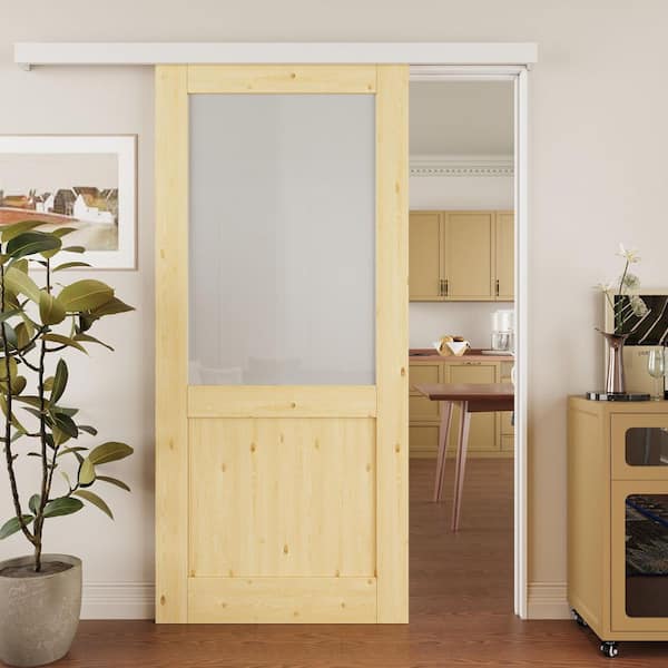 36 in. x 80 in. Hidden Track Style 1/2-Lite Frosted Glass Unfinished Glass Sliding Barn Door with Hardware Kit