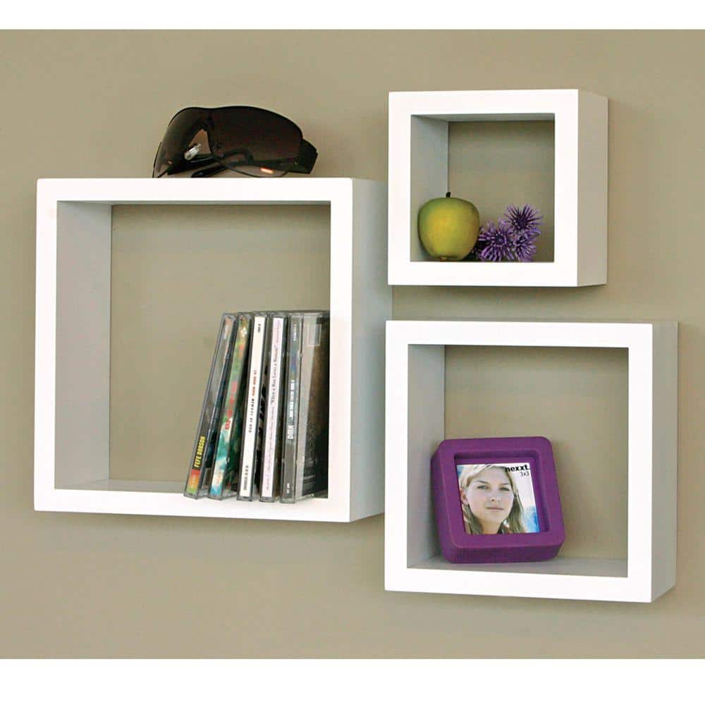 White Wood Floating Cube Wall Shelves Set of 3