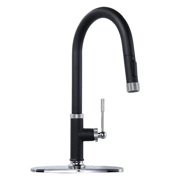 Brass 17 in. H Single Handle Pull Down Sprayer Kitchen Faucet with 2-Mode Spray, 360° Spout Swivel in Black and Chrome
