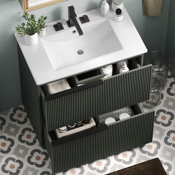 30 in. Single Sink Freestanding Green Bath Vanity with White Ceramic Top and 2 Drawers Cabinet Unassembled