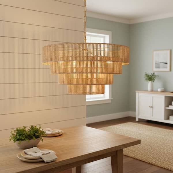 YANSUN 20in. 6-Light Hand Woven Rattan Pendant Light, Boho Brown