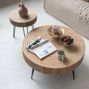 Modern Farmhouse Wood Round Natural Finish Living Room Coffee Table Set