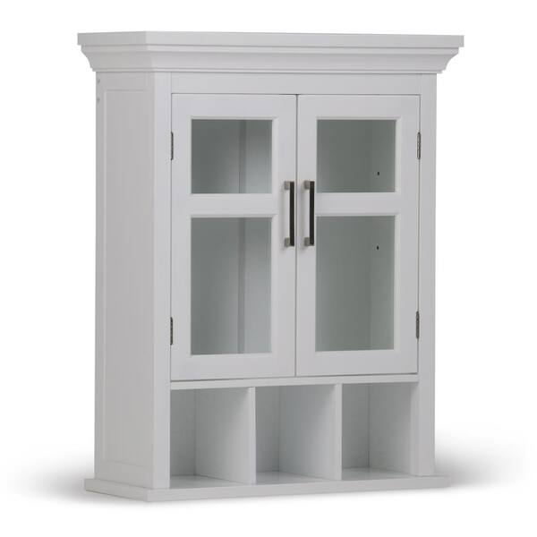 Simpli Home Avington 23.6 in. W x 30 in. H Double Door Bathroom Storage Wall Cabinet with Cubbies in White