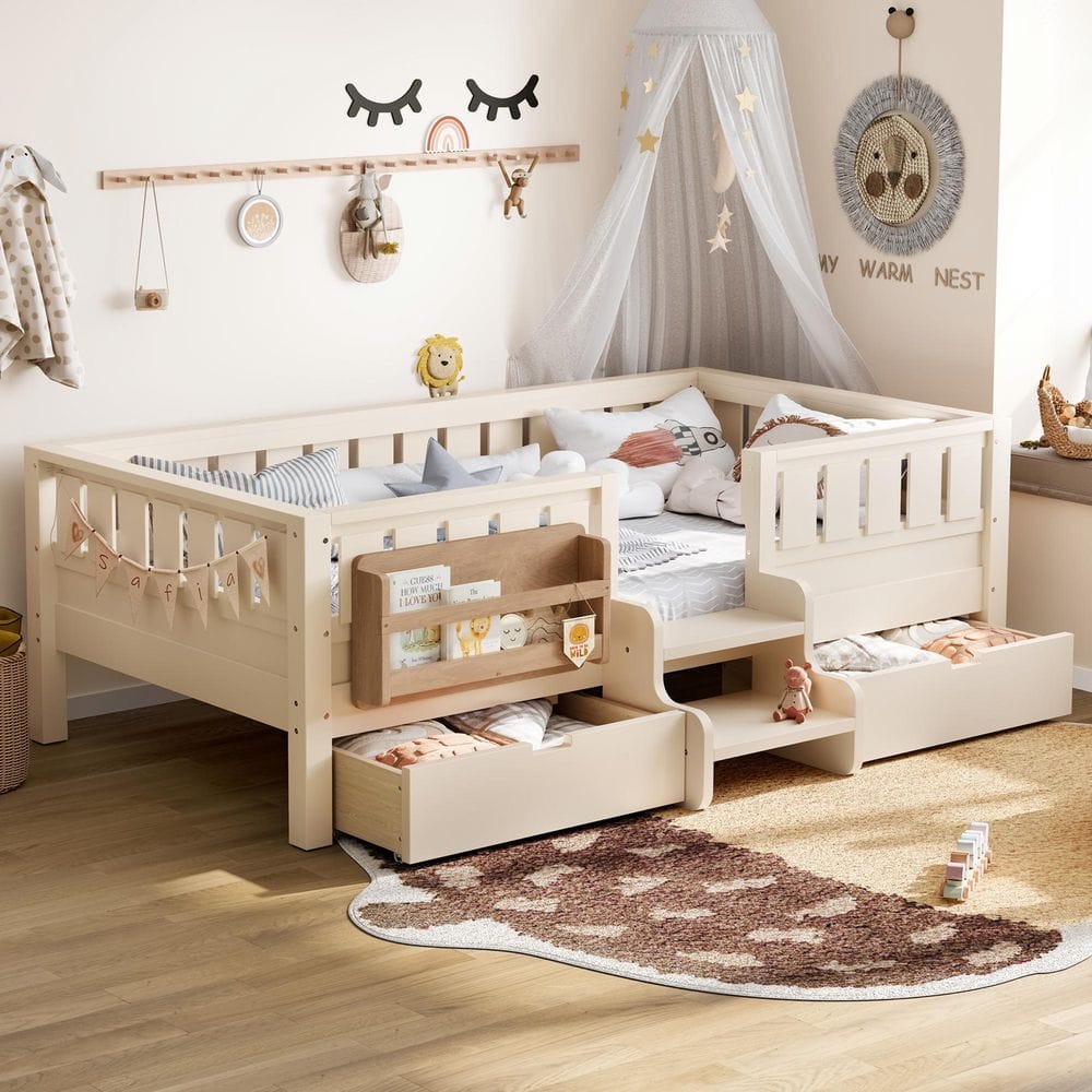 Beige Twin Wood Kids Platform Bed with Staircase, Bookshelf, Safety Rails and 2 Large Drawers