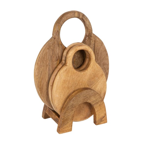 12.5 in. Natural Brown Mango Wood Cutting Boards with Handle and Stand (Set of 4)