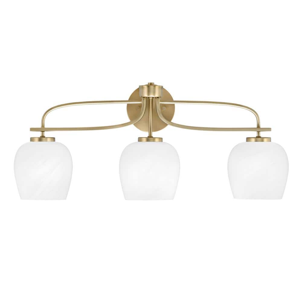 Olympia 27.5 in. 3-Light New Age Brass Vanity Light  White Marble Glass Sha