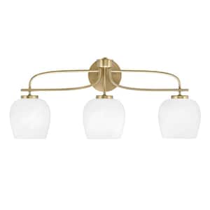 Olympia 27.5 in. 3-Light New Age Brass Vanity Light  White Marble Glass Shade