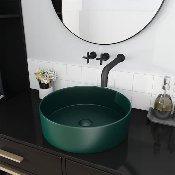 FUNKOL Modern Style Ceramic Circular Vessel Bathroom Sink Art Sink in Dark Green