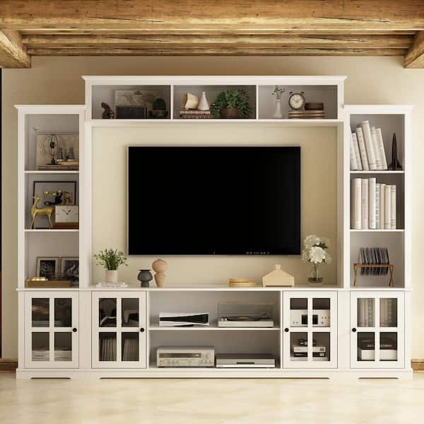 FUFU&GAGA White Wooden TV Stand Fits TV's up to 75 in. with Open Shelves and Tempered Glass Door Cabinet