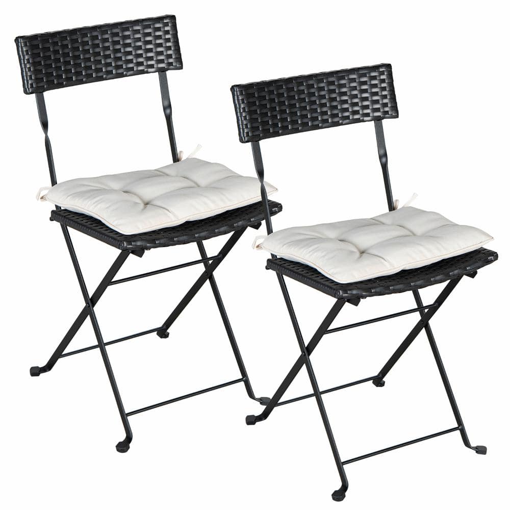 Black Folding Wicker Outdoor Bistro Dining Chair with Beige Cushion (2-Pack