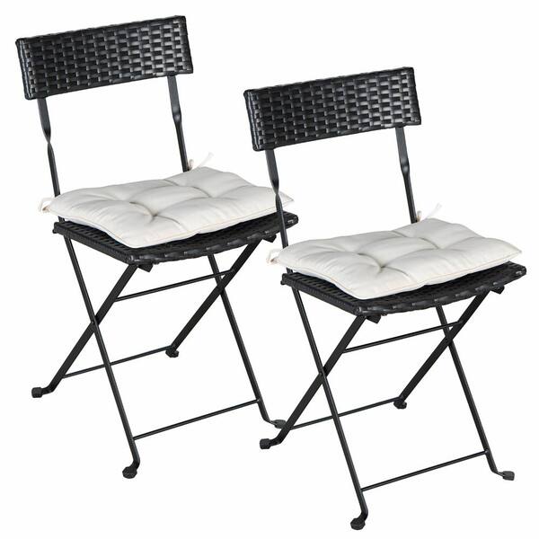 Unbranded Black Folding Wicker Outdoor Bistro Dining Chair with Beige Cushion (2-Pack)