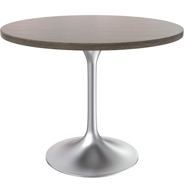 Leisuremod Verve Mid-Century Modern 36 in. Round Dining Table with MDF Top and Brushed Chrome Pedestal Base, Dark Maple