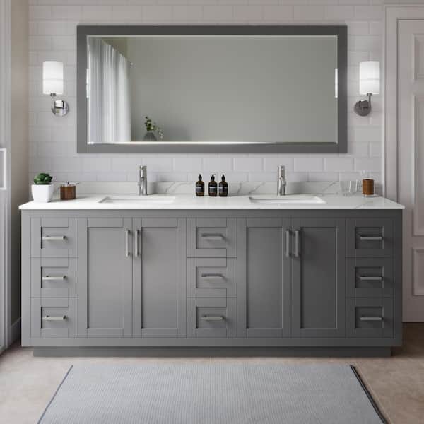 Wyndham Collection Miranda 84 in. W x 22 in. D x 33.75 in. H Double Bath Vanity in Dark Gray with Giotto Quartz Top and 70 in. Mirror
