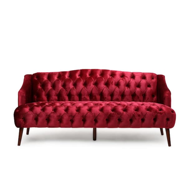 Noble House Adelia 73.25 in. Wine Solid Velvet 3-Seat Camelback Sofa
