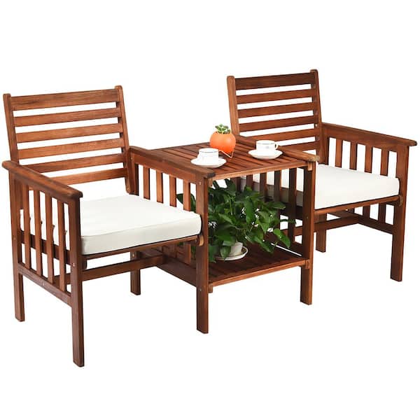 Costway 3-Piece Wood Patio Conversation Set Acacia Wood Chair Coffee Table with White Cushions
