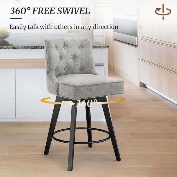 Roman 26.5 in. Gray Fabric Upholstered Solid Wood Leg Counter Height Swivel Bar Stool With Back（Set of 4）
