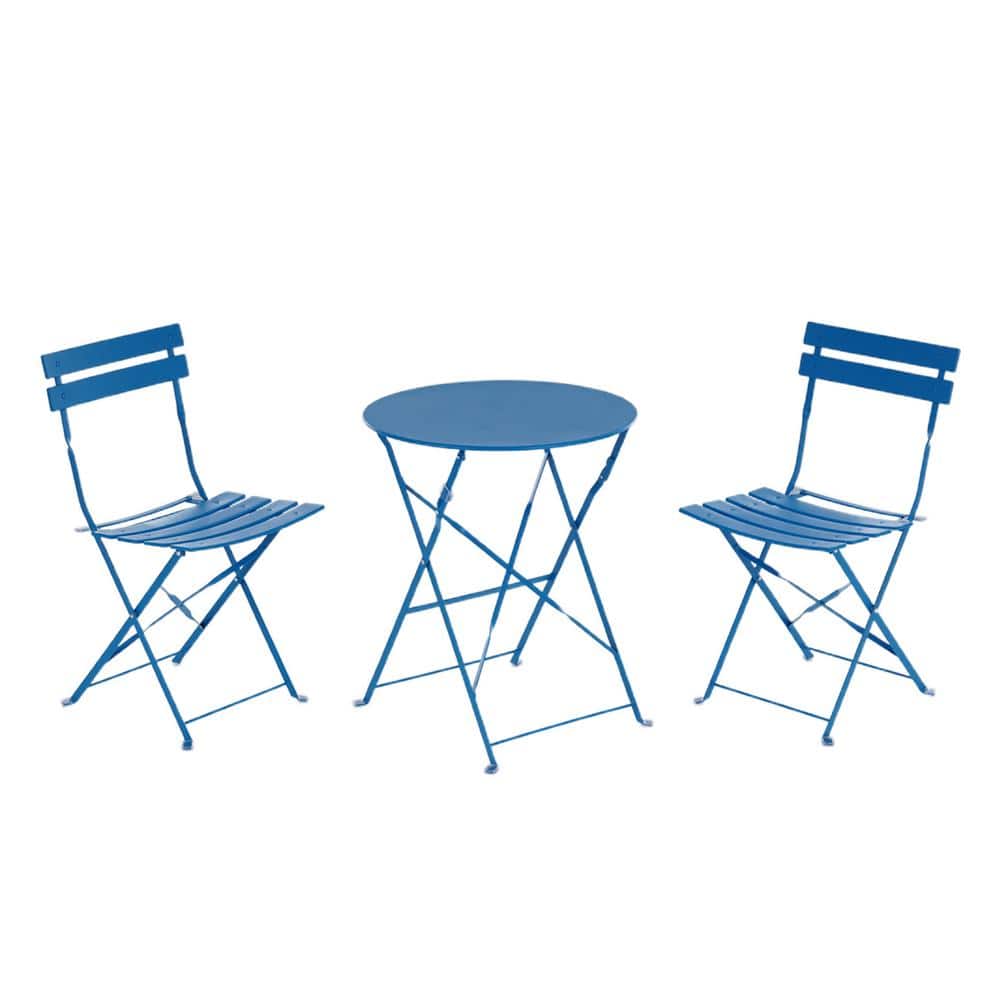 Dark Blue Foldable Portable 3-Piece Metal round 28.4 in. Outdoor Bistro Set