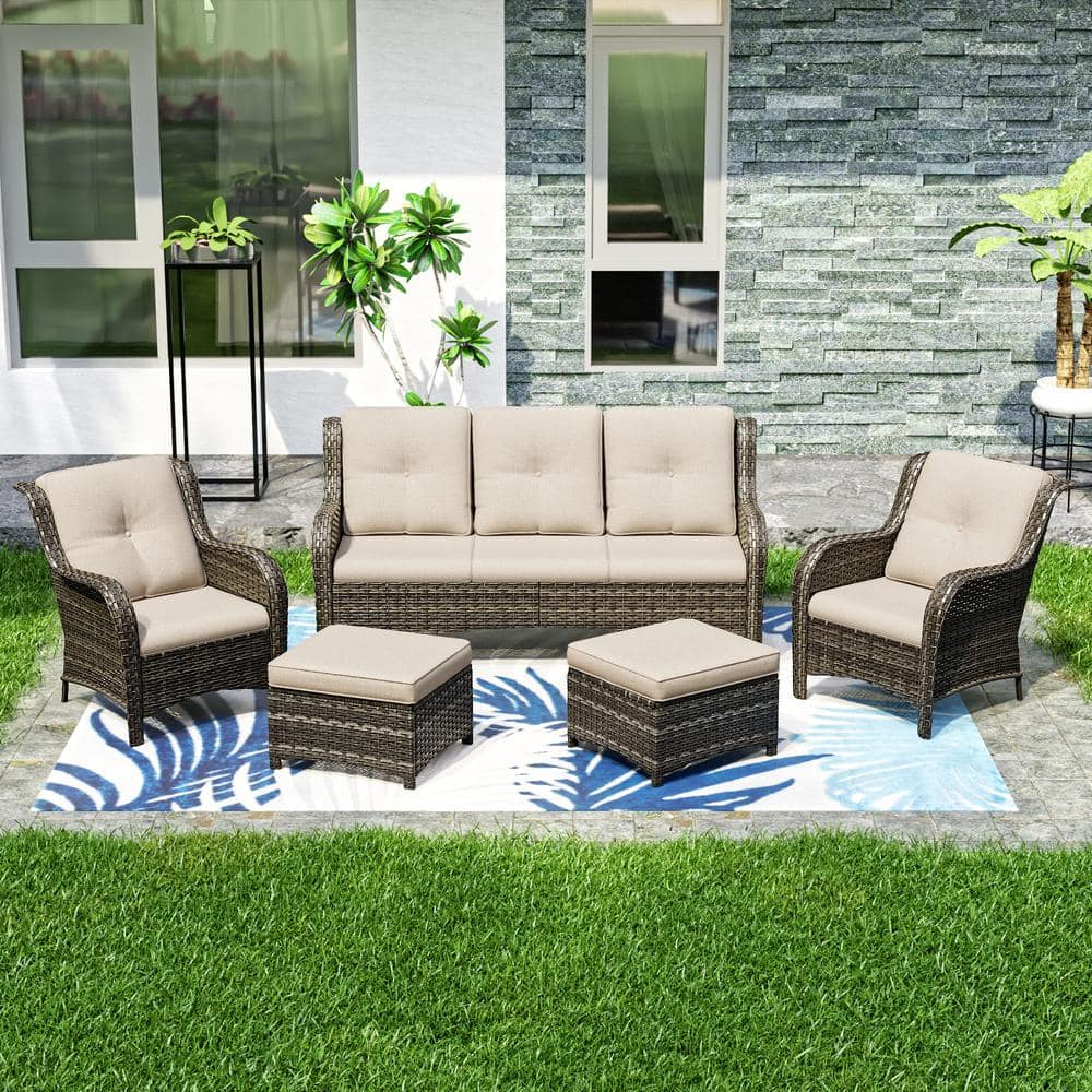 JOYSIDE 5-Piece Wicker Outdoor Patio Seating Conversation